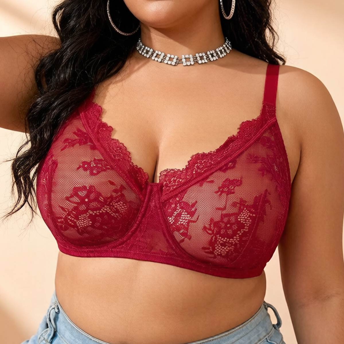 Women Plus Size Red Lace Sheer - مراجعة Full Coverage Bra وسعره