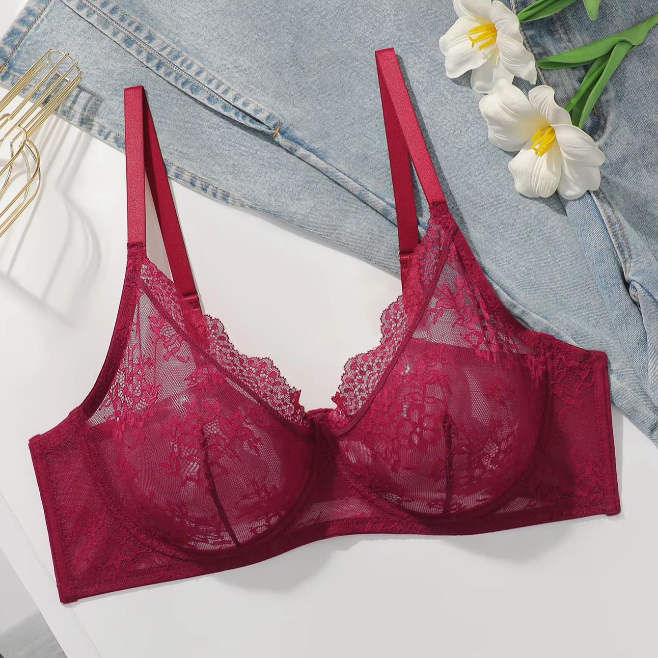 Women Plus Size Red Lace Sheer - مراجعة Full Coverage Bra وسعره