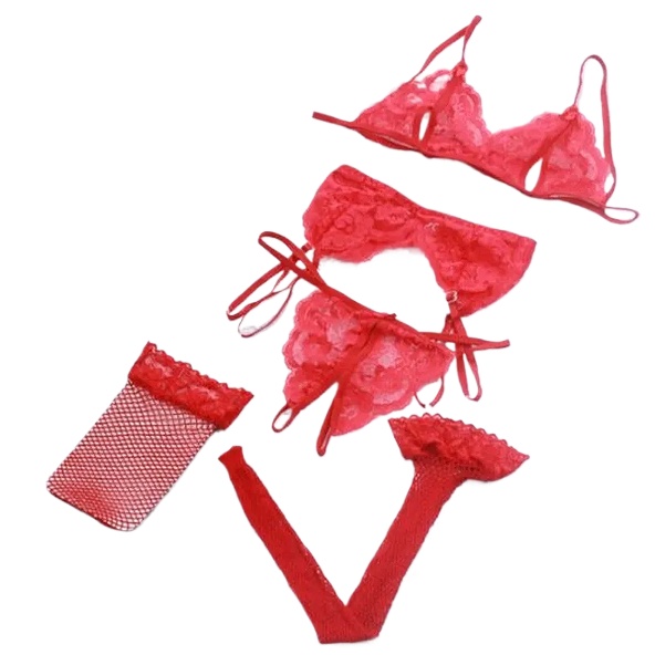 Lace Women Lingerie Set 4 Pcs  - مراجعة Sheer Mesh Bra وسعره